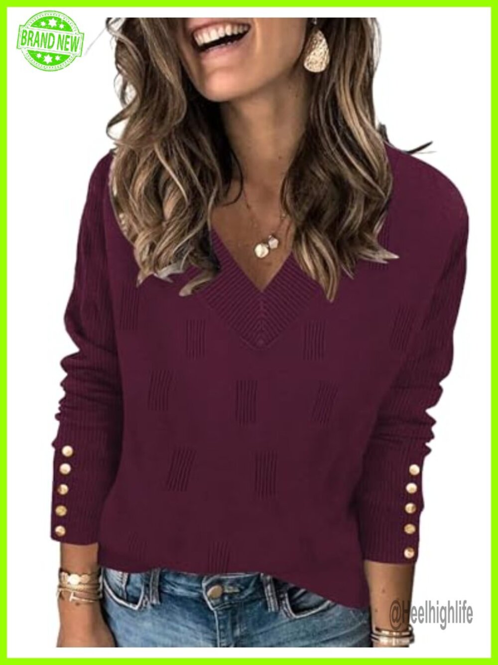 Womens V Neck Lightweight Knit Pullover Sweater with Buttons Long Sleeve